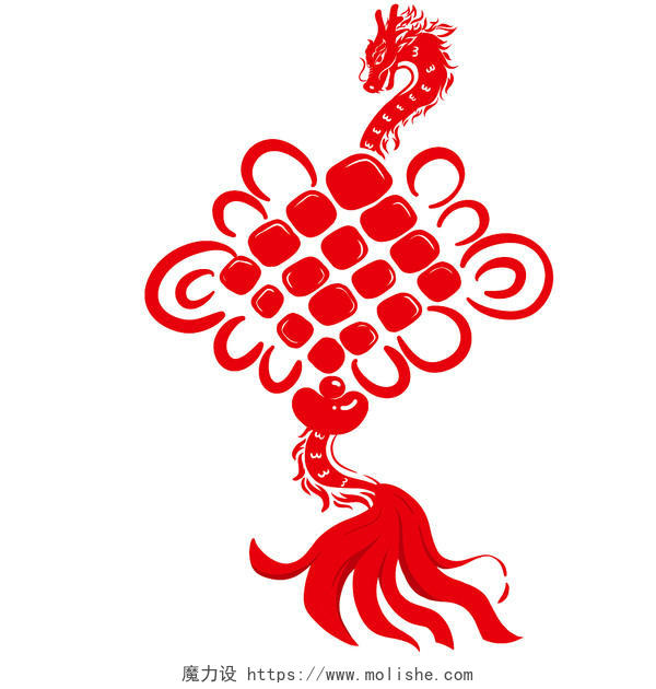 剪纸风扁平红色龙形中国结素材插画传统新年春节装饰